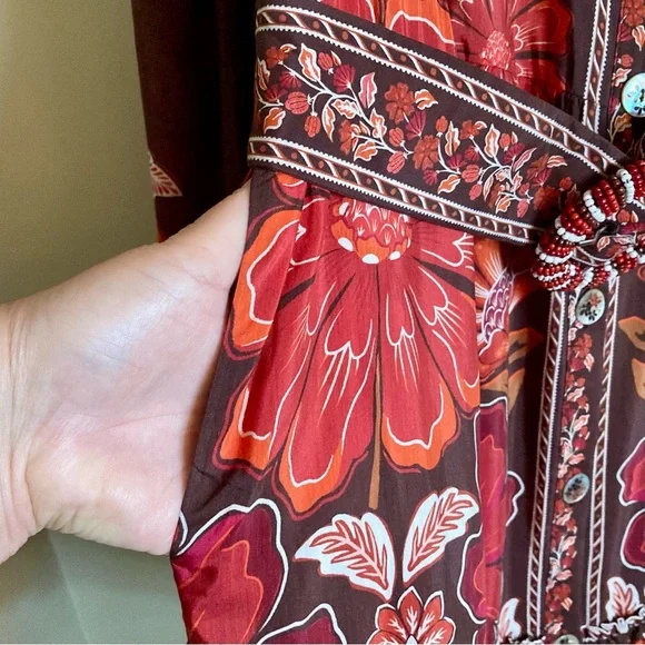 SOLD FARM Rio Gigi Tapestry Brown Mini Dress Beaded Buckle Red Floral Size L - Picture 13 of 16